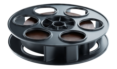 Isolated Black Film Reel on Transparent Background with Brown Tape