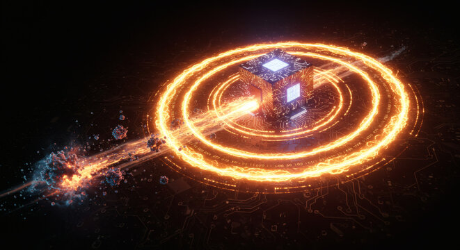 Conceptual digital core emitting vibrant energy waves, representing advanced computing power and futuristic data processing in an abstract technological display