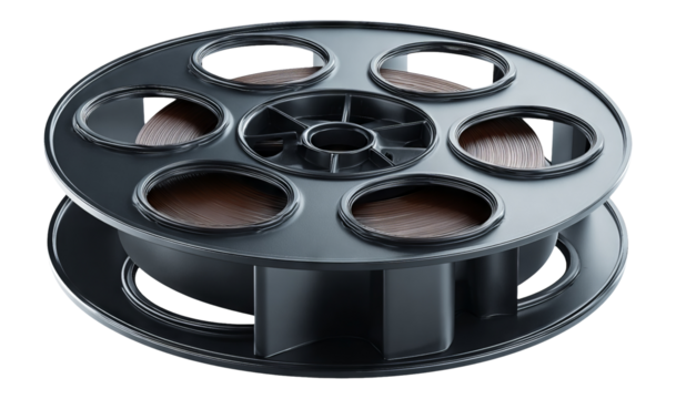 Isolated Black Film Reel on Transparent Background with Brown Tape