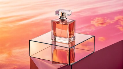 Rectangular glass perfume bottle with orange liquid on reflective surface and sunset background fragrance