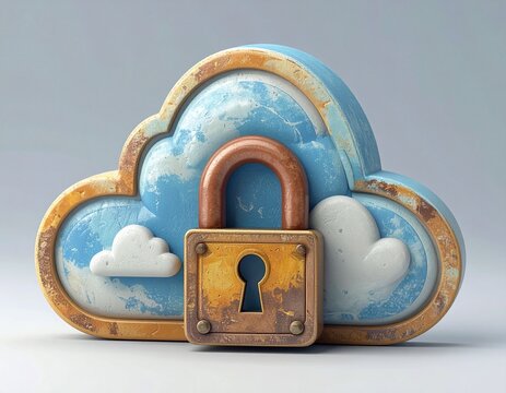Cloud computing security padlock protects data in digital storage with a vintage, secure, and reliable feel.