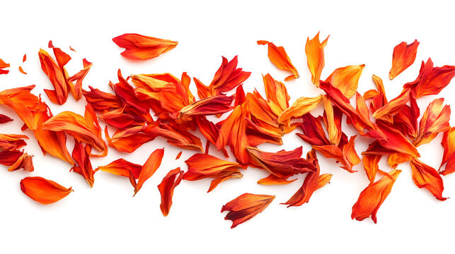 A scattered arrangement of dried safflower petals in bold orange-red, set against a pristine white background, emphasizing their natural beauty.