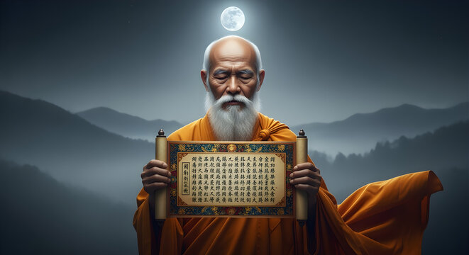 A wise monk holding a prayer scroll, standing under the glow of a full moon, his saffron robe flowing in the wind as the landscape fades into the mist, captured in fine detail