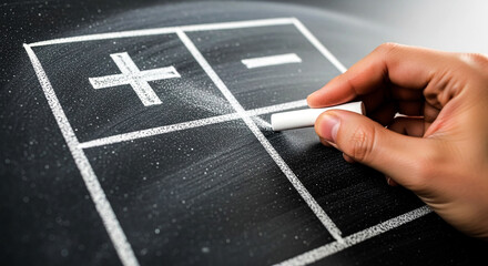 Hand writing plus and minus symbols on chalkboard grid for positive negative concepts and decision making
