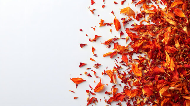 A scattered arrangement of dried safflower petals in bold orange-red, set against a pristine white background, emphasizing their natural beauty.