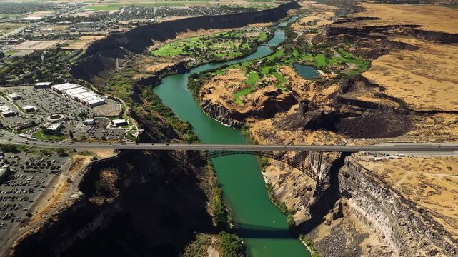 Aerial drone view of Snake River Canyon with Perrine Bridge, Twin Falls Idaho USA