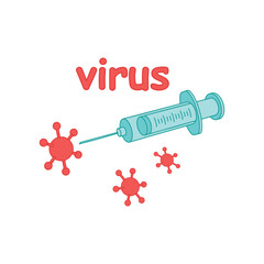Syringe and viruses with text on a white background. Color stylized illustration. Vector graphics. Medical theme.