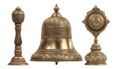 Ornate Vintage Bell, Stand and Frame Set on Transparent Background