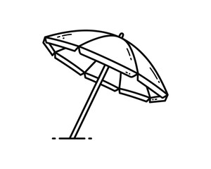 Black outline drawing of a beach umbrella providing shade. Minimalist vector illustration style.
