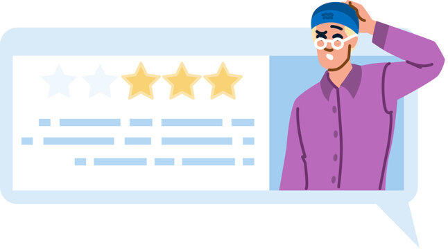 Confused man giving four star feedback in a review section