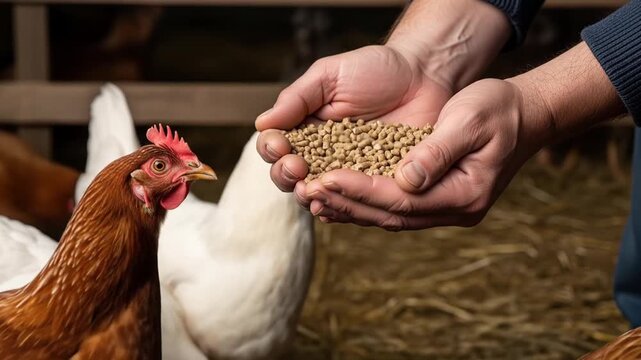 Close Up of Person's Hands Feeding Brown Chicken Poultry with Grain Pellets in Outdoor Barn at Chicken Farm During Daylight