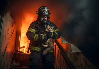 Fototapeta premium A firefighter saving a small pet, showing compassion and humanity in dangerous situations.
