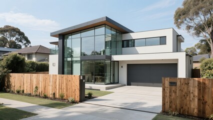 Fototapeta premium Modern Contemporary House with Large Glass Windows and Flat Roof in Suburban Neighborhood