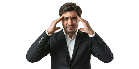 Stressed man in suit with headache business professional image on transparent background