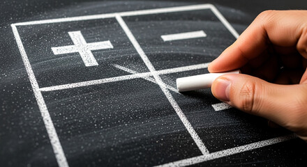Hand with chalk drawing plus and minus symbols on grid paper for decision making and analysis