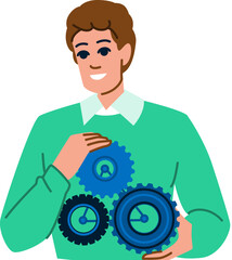 Technician connecting gears, solving problems and finding solutions