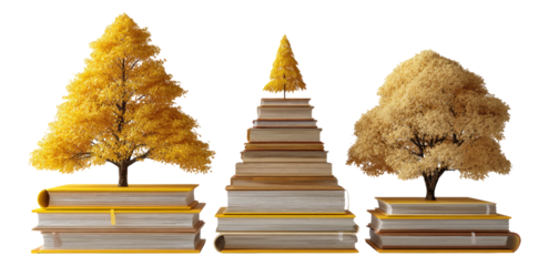 Isolated Yellow Trees on Stacked Books with Transparent Background