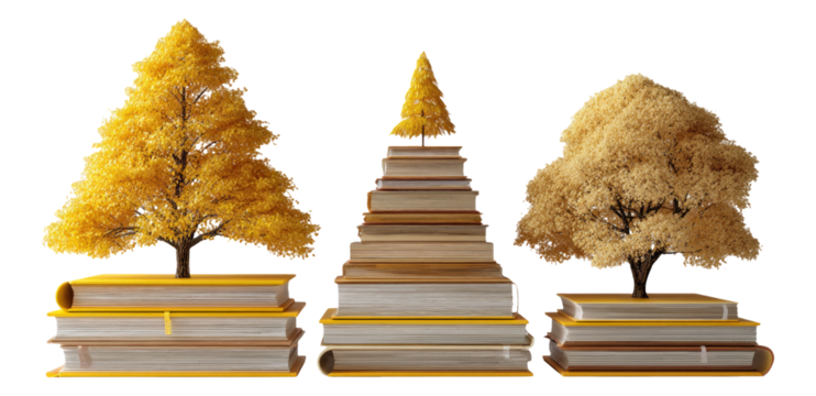 Isolated Yellow Trees on Stacked Books with Transparent Background