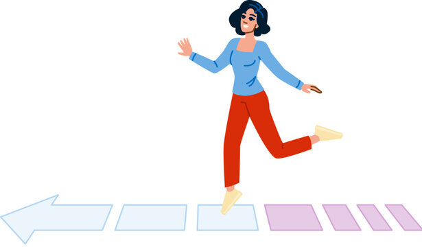 Young woman walking on a path following the direction of an arrow