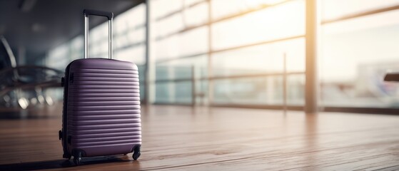 Naklejka premium The purple suitcase standing on airport terminal floor near large windows at sunrise
