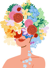 Woman with colorful flowers covering her head and shoulders