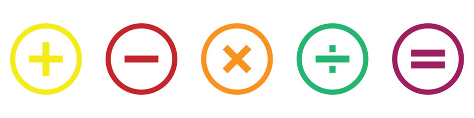 Vector plus and minus icons set. Plus icon, Minus icon, Multiply icon, Divide icon on isolated white background.  Vector isolated icons. Eps symbol pack. isolated vector icons pack.  EPS 10.