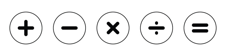 Obraz premium Vector plus and minus icons set. Black plus icon, Minus icon, Multiply icon, Divide icon on isolated white background. Eps symbol pack. Modern isolated icons. Isolated vector icon set.