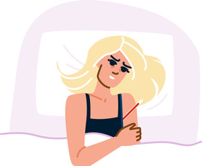 Sick woman checking fever with thermometer in bed