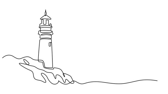 lighthouse continuous one line drawing animation, abstract lighthouse. Self drawing animation one continuous line draw, logo, Lighthouse on the coast. Self drawing simple animation one continuous 