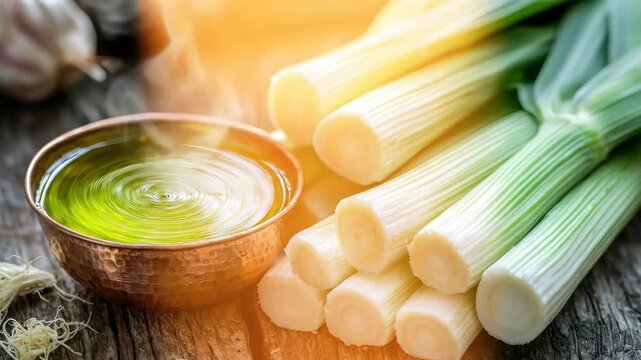 Fresh leeks and garlic, possibly cooking, with steam and oil