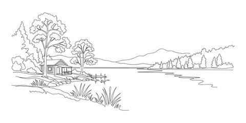 Fototapeta premium Black and white vector illustration of a cabin on lake with trees and mountains. Line art landscape.
