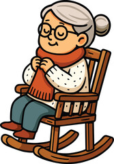 Grandmother sitting on wooden rocking chair wearing warm scarf, elderly woman relaxing peacefully, senior lady with glasses enjoying quiet cozy moment, family love, calm lifestyle, happy retirement