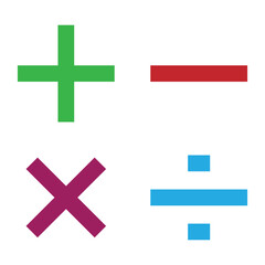 Vector plus and minus icons set. Plus icon, Minus icon, Multiply icon, Divide icon on isolated white background.  Vector isolated icons. Set of 5 icons. Eps symbol pack. isolated vector icons pack. 