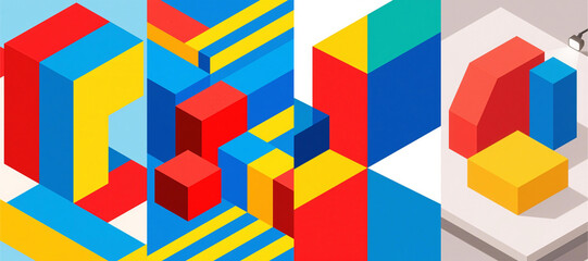Colorful Isometric 3D Abstract Geometric Block Illustrations Set