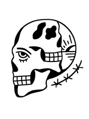 A stylized skull with a sunset and barbed wire illustration