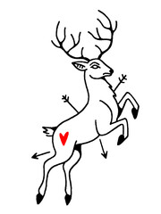 A stylized deer with arrows piercing its body and a red heart
