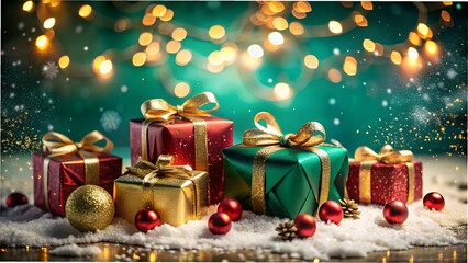 Festive Christmas Gifts with Bokeh Lights and Snow for Holiday Season