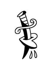 A classic stylized dagger piercing a heart with drops of blood