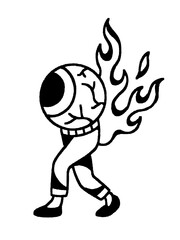 Vintage tattoo illustration of a walking eyeball with flames, vector art.
