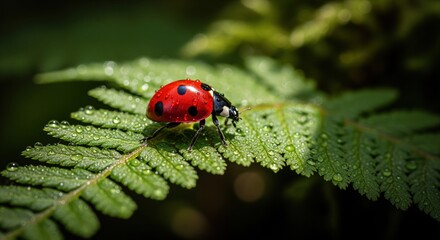 Obraz premium Vibrant red ladybug with black spots crawling on a dewy green fern leaf in natural light