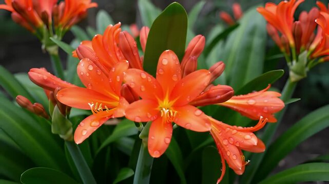Bright orange Clivia flowers with water droplets, surrounded by vibrant green leaves, create a captivating botanical display
