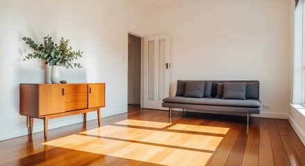 Fototapeta premium Bright empty living room with white walls, warm wooden floors, mid century console table and sofa