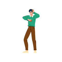 Stressed man checking time being late for appointment