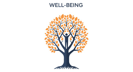 Obraz premium A symbolic graphic of a tree with a human figure as its trunk and lush orange leaves, representing holistic well-being, personal growth, and balanced, healthy living.