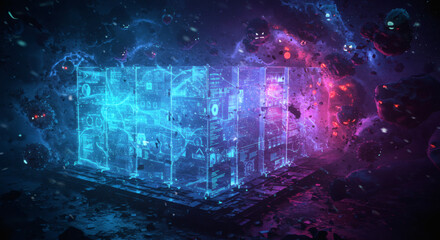 A luminous futuristic server core floating in a digital cosmos, representing the complex world of quantum computing and big data visualization