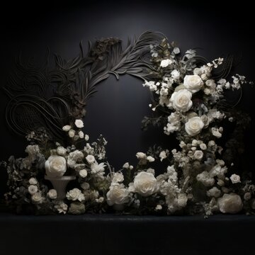 Black background decorated with elegant white roses and a leaf arch