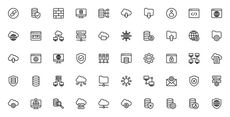Web Hosting icon set. Vector illustration. Includes symbols for server, cloud, database, security, firewall, upload, download and more. Editable stroke.