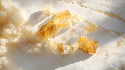 A scattering of asafoetida crystals on a smooth white surface, their crumbly, pale yellow form catching soft light.