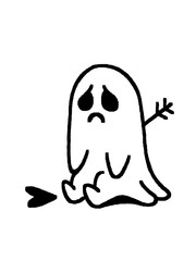 Sad cartoon ghost sitting down with an arrow through its body. Simple line art