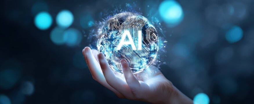 [The AI sphere glowing above a human hand with digital circuits and data streams]